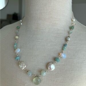 Minimalist Beach Color Gemstones and Pearls Sulver Necklace